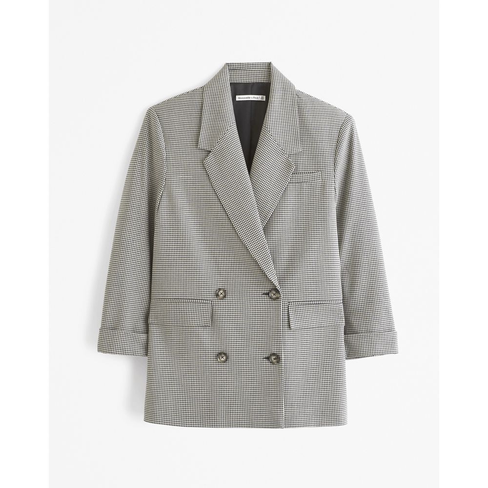 Abercrombie & Fitch Black and White Houndstooth Double-Breasted Blazer Jacket